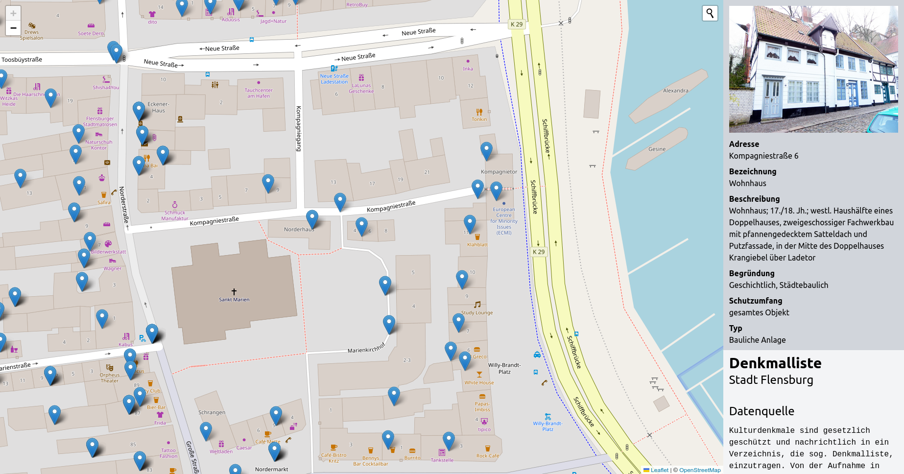 Screenshot Karte mit denkmalgeschützen Gebäuden in Flensburg